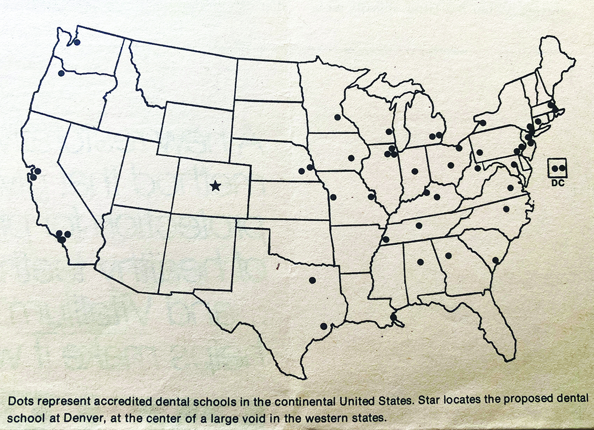 map of U.S. dental schools in 1973