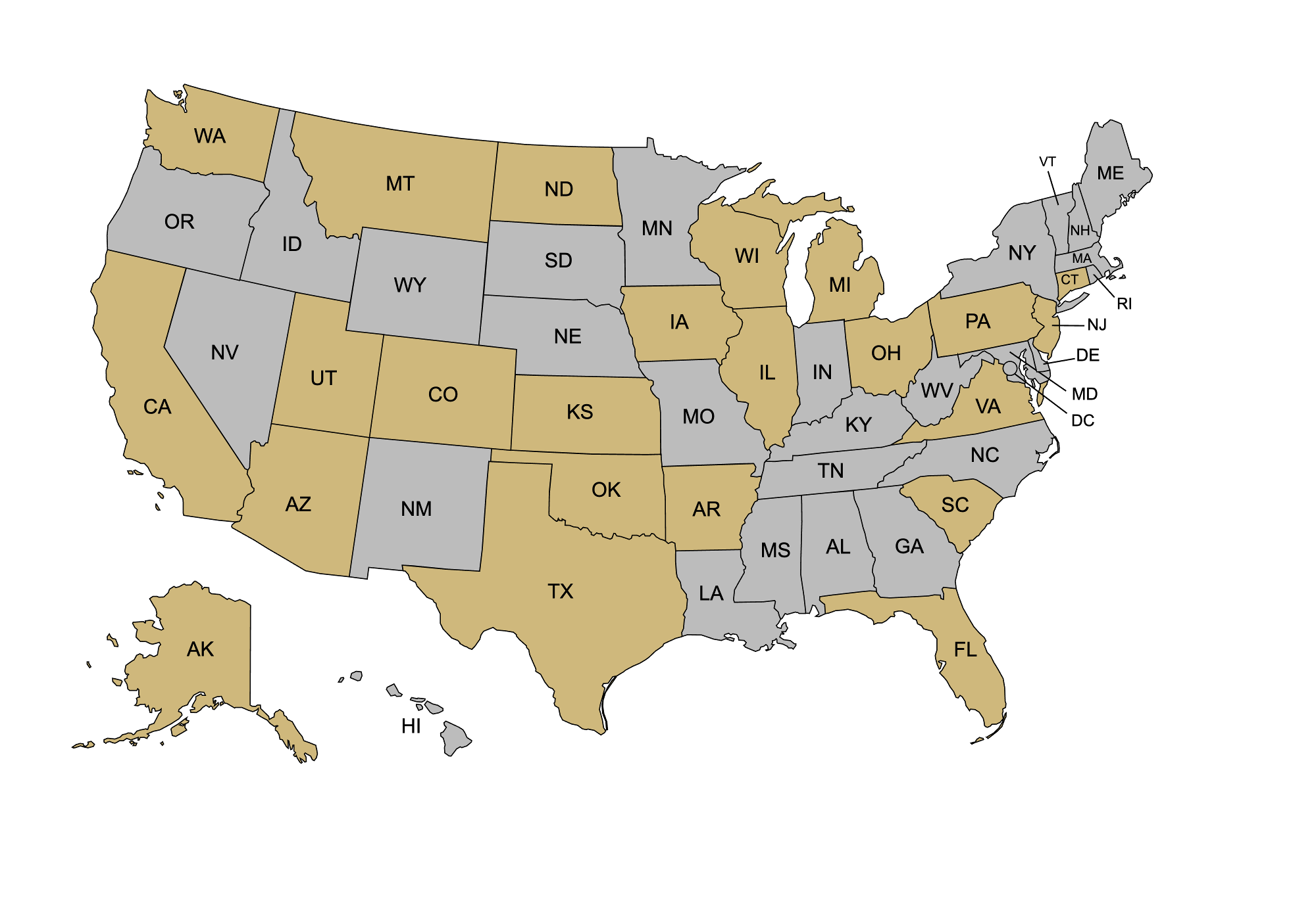 US Map with 23 states in gold