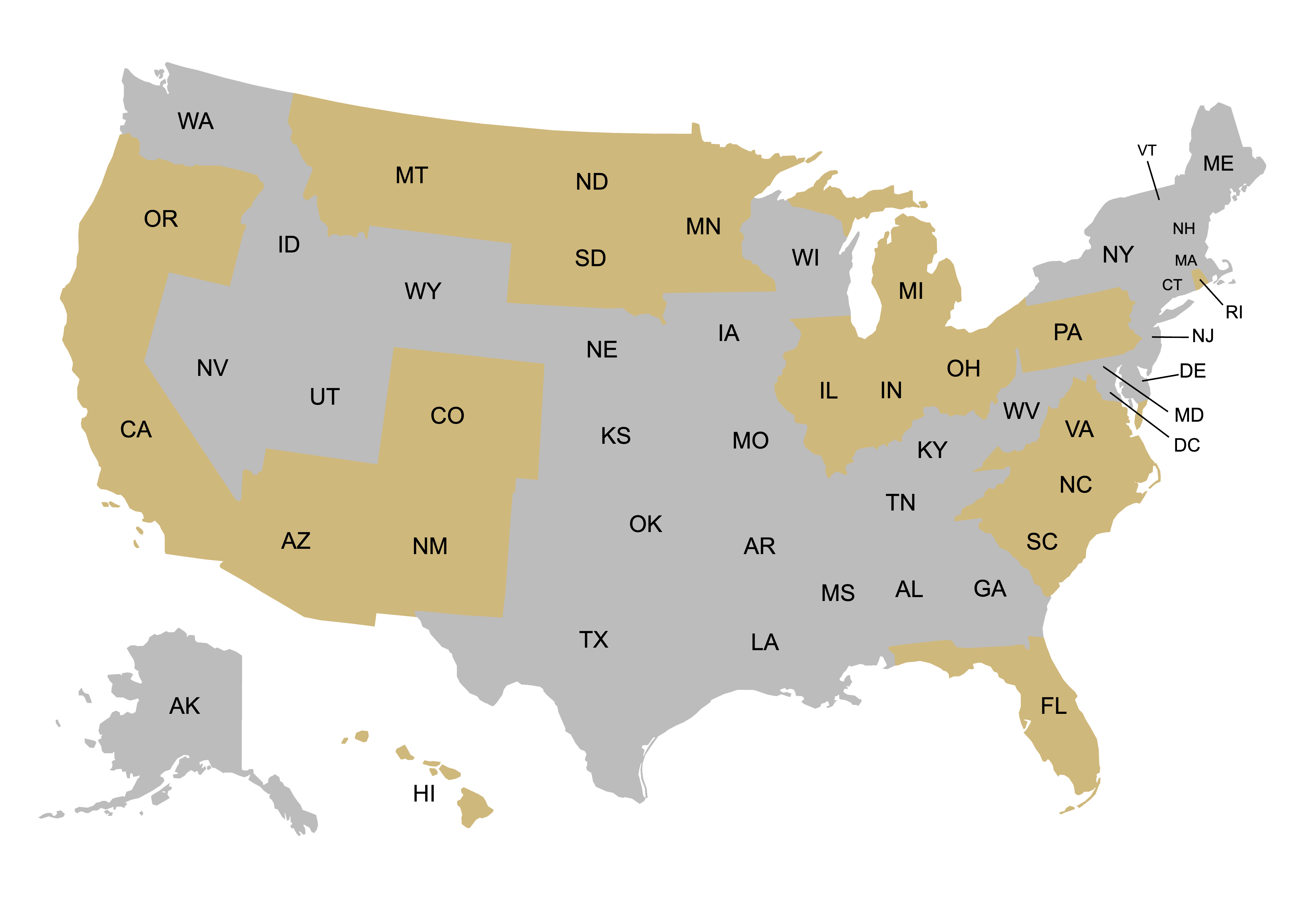 Map of the US with states colored